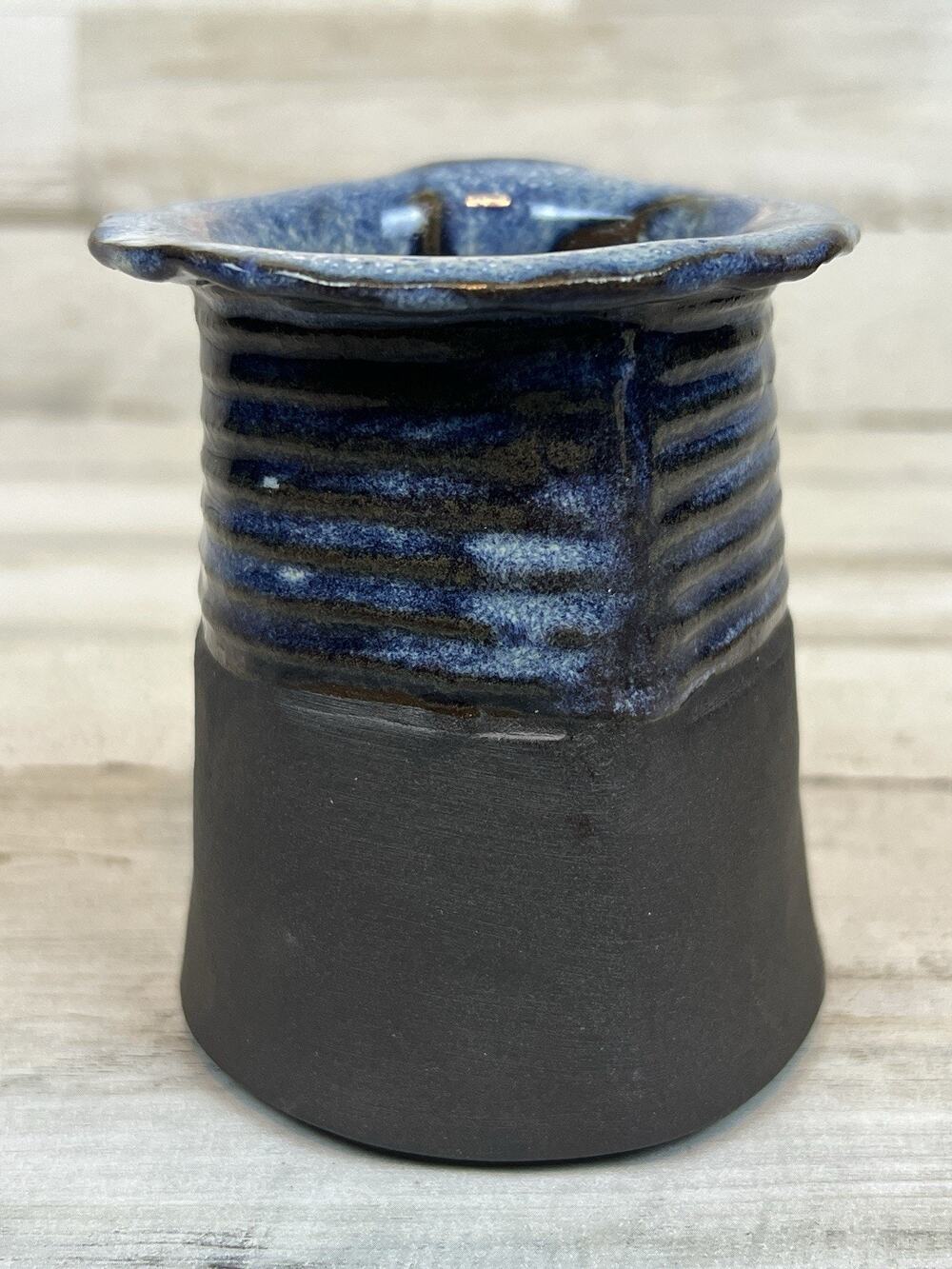 Studio Art Pottery Vase Signed MT Blue Black Ruffled Rim Appalachian Handmade